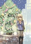  1girl bag bell blonde_hair boots breasts brown_eyes christmas christmas_tree eyebrows_visible_through_hair fairy_tail full_body hair_between_eyes handbag holding holding_phone jacket long_hair looking_at_phone lucy_heartfilia mashima_hiro pantyhose phone scarf side_ponytail skirt smile solo standing tree 