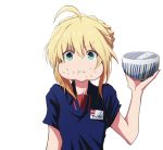  1girl ahoge aqua_eyes artoria_pendragon_(all) blonde_hair bowl braid commentary eating employee_uniform eyebrows_visible_through_hair fate_(series) food food_on_face french_braid fujitaka_nasu highres holding kono_subarashii_sekai_ni_shukufuku_wo! name_tag parody pout puffy_cheeks rice rice_bowl rice_on_face saber solo store_clerk uniform white_background 