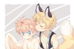  2boys animal_ears bangs blonde_hair blue_eyes blush bokustar_fox closed_eyes extra_ears eyebrows_visible_through_hair fox_boy fox_ears fox_tail hair_between_eyes hand_on_another&#039;s_head highres looking_at_another looking_to_the_side male_focus multiple_boys nipples original smelling_hair tail vest wings 
