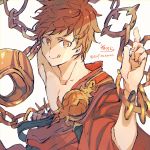  1boy :q bare_shoulders brown_eyes brown_hair brown_kimono chain closed_mouth collarbone commentary_request gran_(granblue_fantasy) granblue_fantasy grey_background hadanugi_dousa hand_up highres index_finger_raised japanese_clothes kimono looking_at_viewer male_focus monk_(granblue_fantasy) off_shoulder short_sleeves signature simple_background smile sofra solo tongue tongue_out twitter_username v-shaped_eyebrows wide_sleeves 
