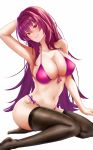  1girl absurdres arm_up bikini breasts fate/grand_order fate_(series) hair_intakes highres koi_(pixiv12253148) large_breasts long_hair looking_at_viewer navel purple_hair red_eyes scathach_(fate)_(all) scathach_(fate/grand_order) simple_background smile solo swimsuit thigh-highs white_background 