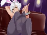  animal_ears armpits carrot clip_studio_paint_(medium) commentary commentary_request couch eyebrows_visible_through_hair feet hands league_of_legends looking_at_viewer no_shoes orange_eyes pantyhose phb pov_feet rabbit_ears riven_(league_of_legends) short_hair sitting smile soles tied_hair toes white_hair white_wrist_cuffs wrist_cuffs 