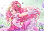  1girl :d choker cowboy_shot cure_grace duko flower gloves hair_bun hair_flower hair_ornament hanadera_nodoka healin&#039;_good_precure heart heart_hair_ornament highres jacket layered_skirt long_hair looking_at_viewer magical_girl open_mouth outstretched_arms petals pink_eyes pink_hair pink_neckwear pink_skirt precure puffy_sleeves skirt smile solo spread_arms white_gloves white_jacket 