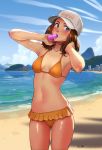  1girl alternate_hair_length alternate_hairstyle baseball_cap beach bikini blue_eyes blush breasts brooke_(mathias_leth) character_name commentary cowboy_shot day english_commentary food freckles hat mathias_leth medium_hair mouth_hold navel ocean orange_bikini original petite popsicle shiny shiny_skin small_breasts solo standing summer sweat swimsuit 