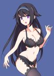  1girl bare_shoulders black_hair breasts collarbone eyebrows_visible_through_hair garter_straps girls_frontline hair_flaps headband highres large_breasts lingerie long_hair mole mole_under_eye open_mouth sidelocks solo super_sass_(girls_frontline) thigh-highs underwear vanna very_long_hair violet_eyes 