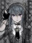  1girl black_choker black_neckwear blue_hair blurry blurry_background blurry_foreground chain-link_fence choker collared_shirt depth_of_field eyebrows_visible_through_hair fence grey_jacket hand_up hat highres hololive hoshimachi_suisei jacket looking_at_viewer nanashi_(nlo74593630) necktie parted_lips shirt solo upper_body violet_eyes wing_collar 