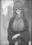  1girl bangs blush breasts breath eyebrows_visible_through_hair greyscale hair_between_eyes highres japanese_clothes kimono large_breasts long_hair looking_at_viewer mobu monochrome obi open_mouth original sash shadow silhouette standing wide_sleeves 