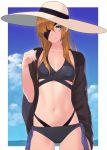  1girl bangs bare_shoulders bikini black_bikini blue_eyes blue_sky breasts brown_hair clip_studio_paint_(medium) collarbone eyepatch fate/grand_order fate_(series) hair_over_one_eye hat highleg highleg_bikini highres hikichi_sakuya long_hair looking_at_viewer multi-strapped_bikini navel ophelia_phamrsolone shawl sidelocks sky small_breasts sun_hat swimsuit 