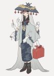  1girl black_footwear black_hair extra_arms fire flower full_body gloves hasuimo holding japanese_clothes kimono long_hair long_sleeves matchstick original red_eyes shoes simple_background solo standing veil white_background white_gloves yellow_flower yukata 