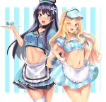  2girls ;d absurdres apron aqua_background aqua_eyes black_hair blonde_hair blush breasts can character_request fang flower hair_flower hair_ornament highres long_hair maid_apron midriff multiple_girls navel one_eye_closed open_mouth saise_chisa skirt small_breasts smile striped striped_background tagme thigh-highs to_aru_kagaku_no_railgun to_aru_majutsu_no_index white_background white_legwear yumiya_rakko 