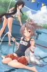  2girls barefoot black_hair black_swimsuit blush brown_eyes clouds collarbone day eyebrows_visible_through_hair hachimaki headband high_ponytail highres holding holding_hose hose k_jie kantai_collection light_brown_hair long_hair low-tied_long_hair multiple_girls name_tag one-piece_swimsuit one_eye_closed partially_submerged pool red_shorts school_swimsuit shorts shouhou_(kantai_collection) sitting sky swimsuit very_long_hair wariza water zuihou_(kantai_collection) 
