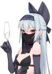  1girl bare_shoulders black_gloves blue_hair bow breasts champagne_flute choker cup drinking_glass earrings elbow_gloves girls_frontline gloves hair_bow hairband highres jewelry juz long_hair looking_at_viewer mask red_eyes simple_background smile solo tokarev_(girls_frontline) white_background 