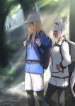  1boy 1girl animal_ears backpack bag blonde_hair blurry blurry_background caenis_(fate) dark_skin day fate/grand_order fate_(series) forest gloves hands_in_pockets hat highres jacket kirschtaria_wodime leggings long_hair nature outdoors sabamori short_shorts shorts track_jacket white_gloves white_hair 