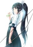  1girl archery bangs black_hair black_hakama bottle bow_(weapon) closed_mouth commentary_request eyebrows_visible_through_hair green_eyes hair_ribbon hakama hand_up highres holding holding_bottle holding_bow_(weapon) holding_weapon japanese_clothes kyuudou long_hair looking_away muneate original ponytail ribbon ruda_(ruda_e) shirt short_sleeves simple_background smile solo very_long_hair weapon white_background white_ribbon white_shirt 