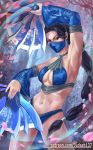  1girl armpits arms_up bangs bare_arms bare_shoulders bikini black_hair blue_bikini blue_eyes bracelet breasts cleavage clenched_hands dual_wielding earrings eyelashes fantasy fighting_stance fingernails holding jewelry judash137 kitana long_hair looking_at_viewer magic mask medium_breasts mortal_kombat muscle navel revealing_clothes skirt solo standing swimsuit thigh-highs thighs tiara toned very_long_hair weapon white_skin 