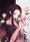  1girl blush brown_hair ears english_commentary female flower gradient_hair hair_ribbon highres holding holding_flower japanese_clothes kamado_nezuko kimetsu_no_yaiba kimono long_hair looking_at_viewer multicolored_hair obi open_mouth quiss red_eyes ribbon sash signature simple_background smelling_flower smile solo 
