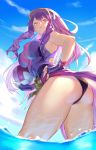  1girl ass ball bare_shoulders blue_sky clouds covered_nipples fingernails gloves hand_on_hip hat highres hikarusorano holding holding_ball league_of_legends long_hair looking_down outdoors partially_submerged ponytail purple_gloves purple_hair sky smile solo swimsuit syndra violet_eyes volleyball water wet 
