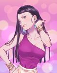  1girl asymmetrical_clothes black_hair bomhat breasts character_request collarbone copyright_request earrings jewelry large_breasts lips long_hair looking_at_viewer nail_polish purple_nails purple_shirt shirt solo upper_body 