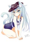  1girl alternate_costume animal_ear_fluff animal_ears bare_shoulders blue_eyes blush breasts cat_ears cat_girl cat_tail closed_mouth eyebrows_visible_through_hair flat_cap full_body hair_between_eyes hair_ornament hat hibiki_(kantai_collection) highres hizaka kantai_collection long_hair looking_at_viewer name_tag one-piece_swimsuit school_swimsuit silver_hair simple_background sitting solo swimsuit tail very_long_hair white_background 