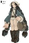  1girl bag belt black_hair boots braid brown_eyes brown_footwear character_name closed_mouth ebimomo full_body highres long_hair long_sleeves looking_at_viewer shoulder_bag simple_background solo standing stones_of_dragon third_eye twin_braids very_long_hair white_background 