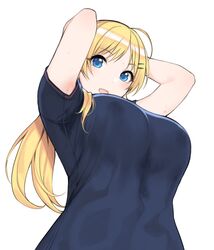  1girl ahoge arms_behind_head arms_up bangs black_shirt blonde_hair blue_eyes blush breasts commentary_request eyebrows_visible_through_hair from_below hachimiya_meguru hair_ornament hairclip idolmaster idolmaster_shiny_colors large_breasts long_hair looking_at_viewer looking_down open_mouth shirt short_sleeves simple_background smile solo sunaba_suzume sweat upper_body white_background 