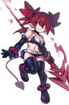  1girl anklet bare_shoulders belt black_bra black_gloves black_legwear bra choker demon_girl demon_tail disgaea earrings elbow_gloves etna flat_chest full_body gloves highres holding holding_spear holding_weapon jewelry makai_senki_disgaea microskirt mini_wings polearm red_eyes red_tail redhead skirt skull_earrings smile solo spear strapless strapless_bra studded_anklet studded_bracelet tail thigh-highs twintails underwear weapon white_belt zako_(arvinry) zettai_ryouiki 