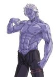  &gt;:) 1boy 2018 abs ahoge arm_at_side biceps black_pants character_request collarbone copyright_request cowboy_shot facial_hair flexing forked_eyebrows furrowed_eyebrows goatee grey_hair groin hand_up highres kiyama_satoshi nose pants pectorals photoshop_(medium) pointy_ears pose purple_nipples purple_skin red_eyes short_hair sideburns simple_background smile solo spiky_hair toned toned_male topless white_background white_hair 