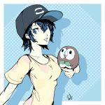  1girl alternate_costume bangs baseball_cap blue_eyes blue_hair breasts commentary_request crossover dh_(brink_of_memories) gen_7_pokemon hat highres holding looking_at_viewer persona persona_4 pokemon pokemon_(creature) pokemon_(game) pokemon_sm rowlet shadow shirogane_naoto shirt short_hair short_sleeves signature smile solo t-shirt yellow_shirt 