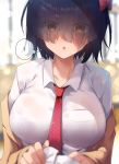  1girl :o absurdres bangs black_hair blurry blurry_background blurry_foreground blush bow bra breasts brown_cardigan collared_shirt commentary_request dress_shirt eyes_visible_through_hair hair_bow hair_over_eyes highres large_breasts long_bangs looking_at_viewer off_shoulder open_mouth original red_bow red_neckwear ryouma_(galley) see-through shirt short_hair translation_request underwear white_shirt yellow_eyes 