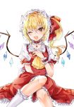  1girl ;d between_legs blonde_hair bright_pupils choker commentary_request cravat fang feet_out_of_frame flandre_scarlet hair_ribbon hand_between_legs hand_on_own_chest hat head_tilt heart_pendant highres hiiro60 kneehighs knees_up light_blush looking_at_viewer mob_cap one_eye_closed one_side_up open_mouth partial_commentary petticoat puffy_short_sleeves puffy_sleeves red_choker red_eyes red_nails red_skirt red_vest ribbon shirt short_hair short_sleeves simple_background sitting skin_fang skirt smile solo touhou vest white_background white_headwear white_legwear white_pupils white_shirt wings wrist_cuffs yellow_neckwear 
