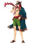  1boy abs bow_(weapon) bracelet cape coral fire_emblem fire_emblem:_the_sacred_stones fire_emblem_heroes full_body hat highres jewelry joshua_(fire_emblem) long_hair navel official_art red_eyes redhead ring sandals shirtless solo suekane_kumiko swimsuit transparent_background weapon 