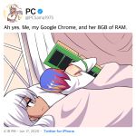 2girls 500_dollar_four_foot_tall_mareep bare_shoulders bed blanket blue_hair closed_mouth comedy dark_skin detached_sleeves english_text google_chrome google_chrome_(merryweather) highres hinghoi holding hug internet_explorer_(webcomic) long_hair looking_at_another lying meme merryweather multicolored_hair multiple_girls pc_(personification) personification ram_(computer) redhead short_hair text_focus twitter