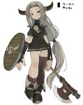  1girl ankle_boots axe black_footwear boots bridal_gauntlets bright_pupils character_name closed_mouth ebimomo full_body grey_hair headband highres holding holding_shield holding_weapon horns long_hair looking_at_viewer low-tied_long_hair low_ponytail pointy_ears shield simple_background single_sock single_thighhigh socks solo stones_of_dragon thigh-highs very_long_hair violet_eyes weapon white_background white_pupils 