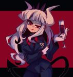  1girl bangs blood breasts collared_shirt demon_girl demon_horns demon_tail formal gloves helltaker horns large_breasts long_hair looking_at_viewer lucifer_(helltaker) mako_gai mole mole_under_eye necktie red_eyes red_shirt red_wine shirt simple_background smile solo suit tail white_hair white_horns 