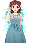  1girl :d aoba_misaki arm_behind_back blue_dress blush brown_hair dress earrings hair_ornament hand_up idolmaster idolmaster_million_live! idolmaster_million_live!_theater_days jewelry kamille_(vcx68) medium_hair necklace open_mouth red_eyes simple_background sleeveless sleeveless_dress smile solo standing 