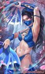  1girl armpits arms_up bangs bare_arms bare_shoulders bikini black_hair blue_bikini blue_eyes bracelet breasts cleavage clenched_hands dual_wielding earrings eyelashes fantasy fighting_stance fingernails holding jewelry judash137 kitana long_hair looking_at_viewer magic mask medium_breasts midway_(company) mortal_kombat mortal_kombat_4 mortal_kombat_armageddon mortal_kombat_deadly_alliance mortal_kombat_deception mortal_kombat_ii mortal_kombat_trilogy muscle navel revealing_clothes skirt solo standing swimsuit thigh-highs thighs tiara toned ultimate_mortal_kombat_3 very_long_hair weapon white_skin 