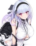  1girl anchor_choker apron azur_lane bangs bare_shoulders black_hairband black_skirt blue_ribbon blunt_bangs blush breasts center_frills choker cuffs dido_(azur_lane) dress frilled_choker frills hair_ribbon hairband highres kneeling large_breasts leaning_forward long_hair looking_at_viewer maid parted_lips ribbon skirt smile solo thigh-highs under_boob underboob_cutout untue violet_eyes waist_apron white_apron white_hair white_legwear 