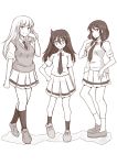  3girls arm_up black_hair black_legwear breasts collared_shirt commentary_request full_body greyscale hair_between_eyes hair_tie hand_in_hair hand_on_hip highres katou_asuka kuroki_tomoko long_hair long_skirt looking_at_viewer low_twintails miniskirt monochrome multiple_girls necktie osumoto1 pleated_skirt school_uniform shirt shoes skirt smile socks standing sweater_vest tamura_yuri twintails watashi_ga_motenai_no_wa_dou_kangaetemo_omaera_ga_warui! white_legwear white_shirt 