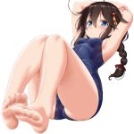  1girl ahoge alternate_costume armpits arms_behind_head arms_up ass bangs bare_legs bare_shoulders barefoot blue_eyes blue_swimsuit blush braid breasts brown_hair closed_mouth dd_(ijigendd) eyebrows_visible_through_hair feet full_body hair_between_eyes hair_flaps hair_ornament hair_ribbon highres kantai_collection long_hair looking_at_viewer lying on_back one-piece_swimsuit red_ribbon remodel_(kantai_collection) ribbon school_swimsuit shigure_(kantai_collection) sidelocks simple_background single_braid skindentation small_breasts soles solo swimsuit thighs toes white_background 
