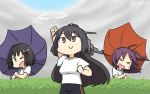  3girls ahoge alternate_costume black_hair brown_hair closed_eyes clouds cloudy_sky commentary_request dated hagikaze_(kantai_collection) haguro_(kantai_collection) hair_between_eyes hamu_koutarou head_tilt headgear highres hokuto_no_ken holding holding_umbrella kantai_collection long_hair looking_at_another looking_up multiple_girls nagato_(kantai_collection) one_eye_closed one_side_up open_mouth outdoors pants parody purple_hair rain sky smile track_pants umbrella upper_body wind 