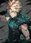  1boy black_sweater blonde_hair closed_mouth cloud_strife final_fantasy final_fantasy_vii final_fantasy_vii_remake green_eyes grey_background hair_between_eyes hand_up highres holding holding_sword holding_weapon male_focus pokimari shoulder_armor single_spaulder sleeveless_sweater solo spaulders sweater sword sword_behind_back upper_body weapon 