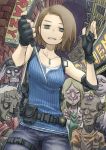  1girl 5others @_@ bags_under_eyes belt black_gloves brown_hair camisole casual chiyo_maru commentary_request denim elbow_pads fingerless_gloves fisheye gloves grey_skin highres holding holding_knife holster jeans jill_valentine jitome knife multiple_others night pants police_badge resident_evil resident_evil_3 reverse_grip shoulder_holster single_elbow_pad solo_focus surrounded zombie 