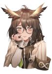  1girl antenna_hair arknights armband bangs blush brown_eyes brown_hair brown_nails commentary_request cropped_torso expulse glasses hair_between_eyes hand_up long_sleeves looking_at_viewer nail pointy_hair rhine_lab_logo round_eyewear short_hair silence_(arknights) simple_background solo upper_body white_background 