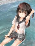  1girl akino_shuu armpits black_hair blush hair_grab iroha_kaede long_hair looking_at_viewer navel original partially_submerged red_eyes school_uniform see-through serafuku skirt solo twitter_username wet wet_clothes 