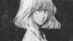  1girl bob_cut collared_shirt from_side greyscale highres looking_at_viewer monochrome original parted_lips shirt short_hair solo wataboku wing_collar 