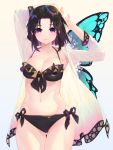  1girl armpits arms_up bangs bikini bikini_under_clothes black_bikini black_hair black_ribbon blush bug butterfly closed_mouth commentary_request cowboy_shot forehead frilled_bikini frills front-tie_bikini front-tie_top gradient gradient_background gradient_hair haori highres insect japanese_clothes kimetsu_no_yaiba kochou_shinobu long_sleeves looking_at_viewer multicolored_hair open_clothes parted_bangs purple_hair ribbon short_hair side-tie_bikini smile solo swimsuit thigh_gap violet_eyes waterring 