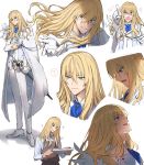  1boy ? blonde_hair cape expressions fate/grand_order fate_(series) formal gloves highres kirschtaria_wodime long_hair male_focus oven_mitts pointing sabamori scabbard sheath sheathed spoken_question_mark suit sword weapon white_background white_gloves white_suit 