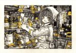  1girl bangs border brick_wall coffee_maker_(object) dish drawer eyebrows_visible_through_hair greyscale hands_up highres kitamurashu lamp long_sleeves looking_at_viewer monochrome open_mouth original shelf short_hair solo upper_body white_border yellow_eyes yellow_nails 