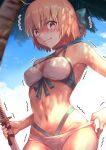  1girl absurdres ahoge bangs bikini blonde_hair blue_sky blush bow breasts closed_mouth clouds commentary_request day eyebrows_visible_through_hair fate/grand_order fate_(series) green_bow hair_bow highres holding holding_sword holding_weapon katana looking_at_viewer medium_breasts nakanishi_tatsuya navel okita_souji_(fate)_(all) okita_souji_(swimsuit_assassin)_(fate) outdoors short_hair sky smile solo sweat swimsuit sword trembling weapon white_bikini yellow_eyes 