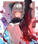  1girl absurdres ahegao arknights bangs black_jacket detonator dynamite highres jacket looking_at_viewer manchengdoushiyaolanmi open_mouth red_eyes scarf shirt short_hair silver_hair solo w w_(arknights) 